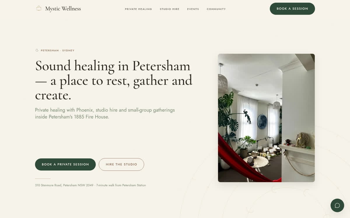 Mystic Wellness — the real site, desktop